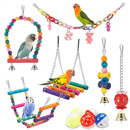 Bird Parakeet Toys,Swing Hanging Standing Chewing Toy Hammock Climbing Ladder Bird Cage Colorful Toys Suitable for Budgerigar, Parakeet, Conure, Cockatiel, Mynah, Love Birds, Finches