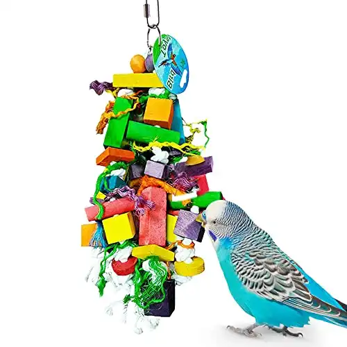 SunGrow Parrot Wooden and Rope Chewing Toy, Multi-Shaped and Multicolored Blocks and Cotton Rope with Hanging Loop (6 Inches)