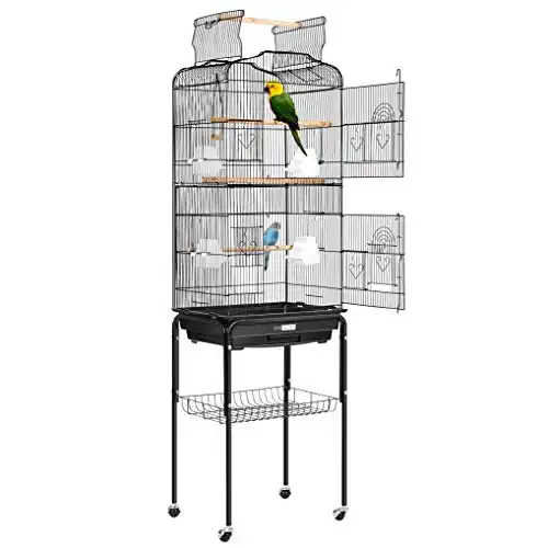 VIVOHOME 59.8 Inch Wrought Iron Bird Cage with Play Top and Rolling Stand for Parrots Conures Lovebird Cockatiel Parakeets Black